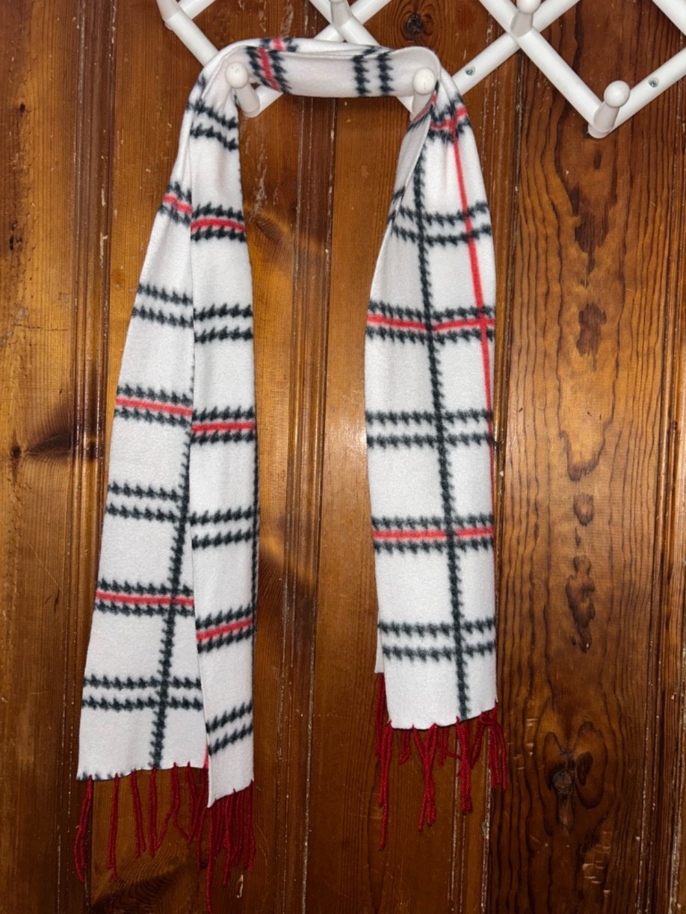 White Plaid Fleece Scarf with Red Fringe